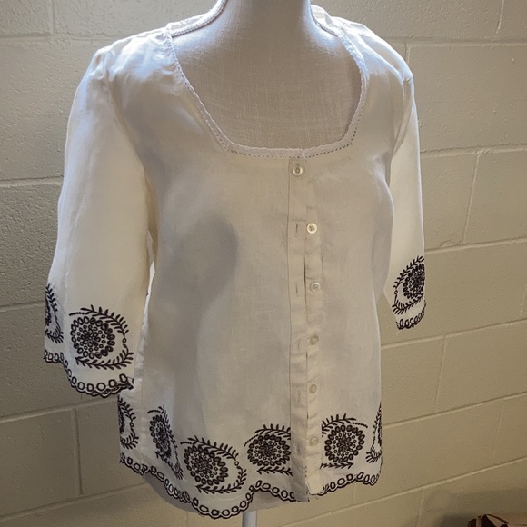 E.col.o.gie Ladies Embroidered Lace edged 100% Linen Button Down Blouse/Jacket - Picture 3 of 9